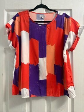 🆕 Stewart Simmons Multicolor Cuff Short Sleeve Blouse Size L
